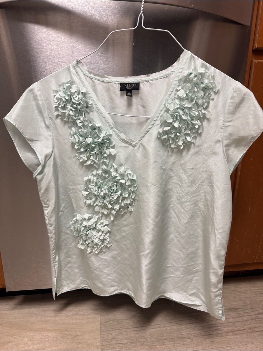 Talbots Light Mint V-Neck Floral Appliqué Blouse